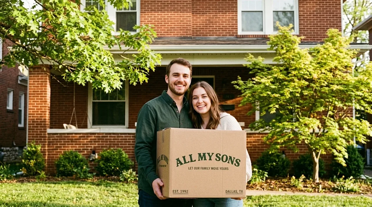 A happy young couple stands in front of their new residential home carrying a moving box and smiling