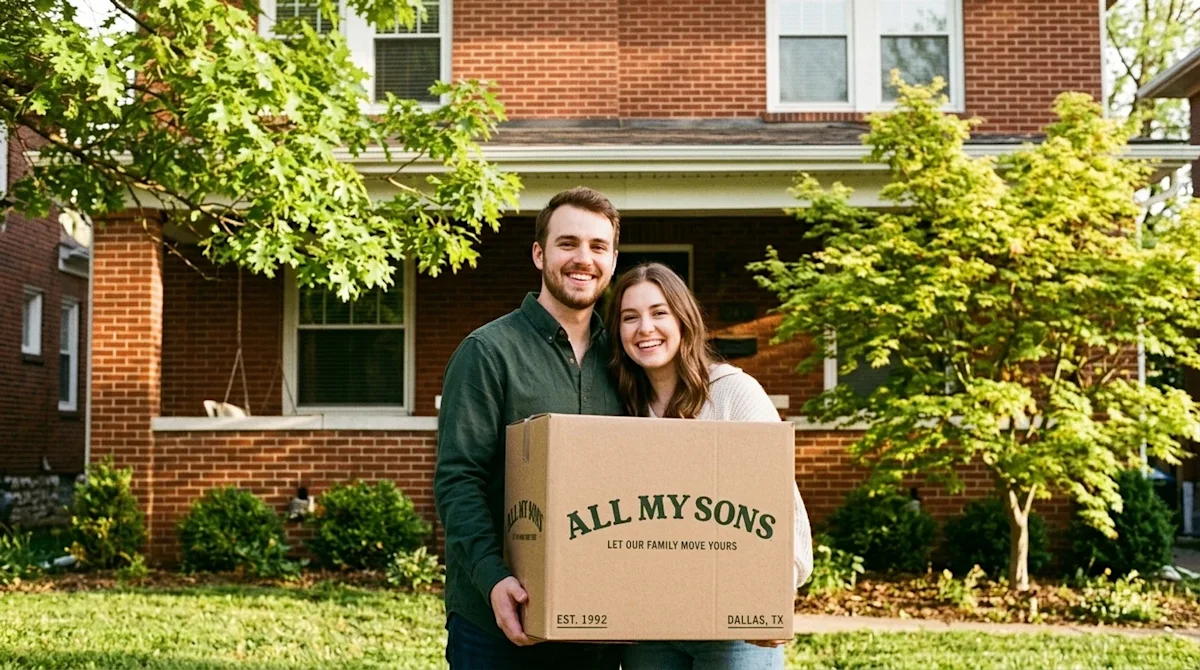 A happy young couple stands in front of their new residential home carrying a moving box and smiling
