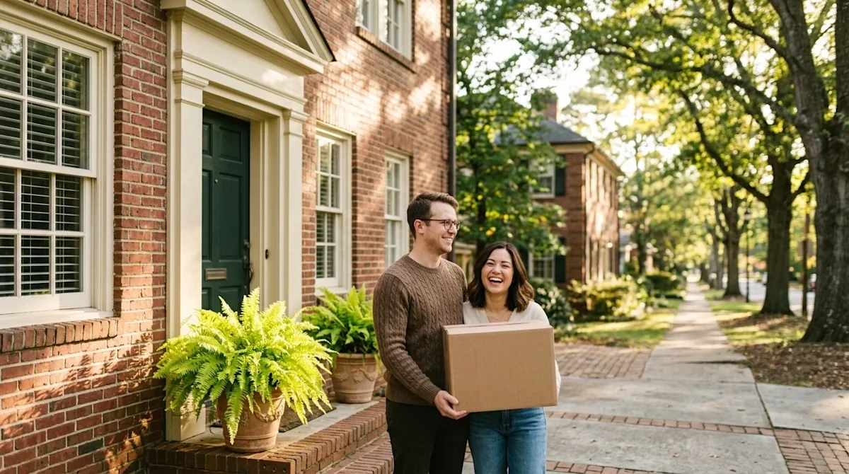 Candid lifestyle photography of a happy couple arriving at their new classic brick home in a lush, sunny Atlanta neighborhood
