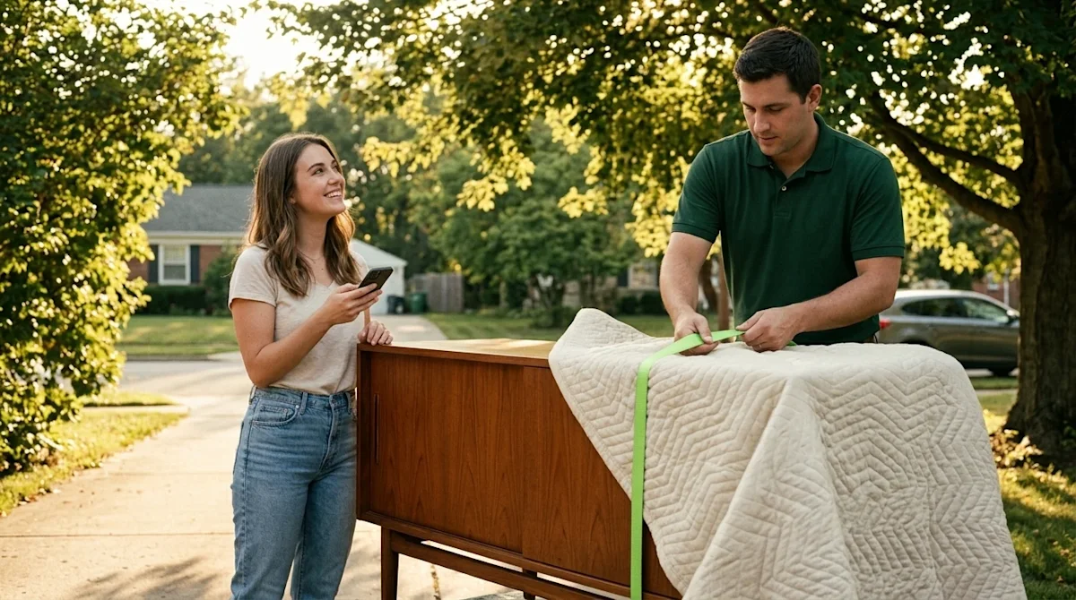 Professional lifestyle marketing photography of a successful Craigslist bargain hunt. A happy young woman stands in a sunlit,