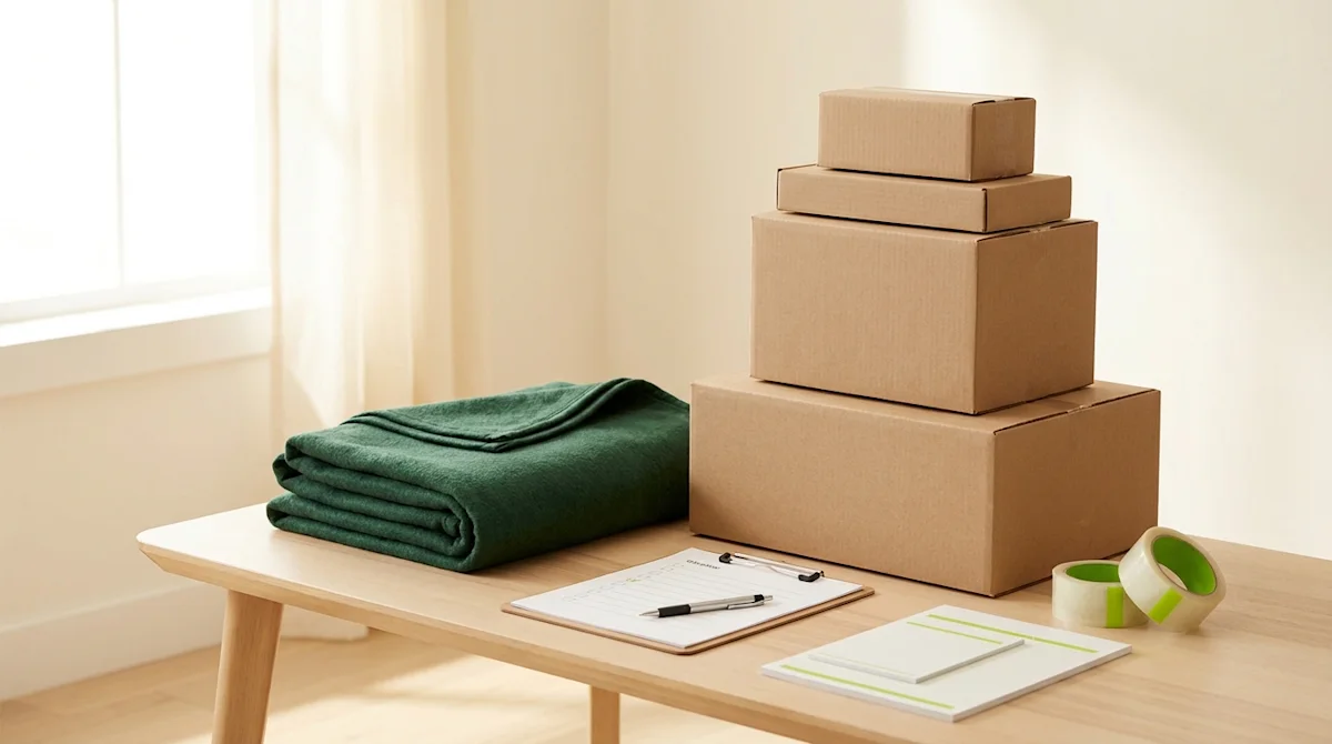 Organized moving supplies with stacked boxes, a forest green blanket, and a checklist for a stress-free move.