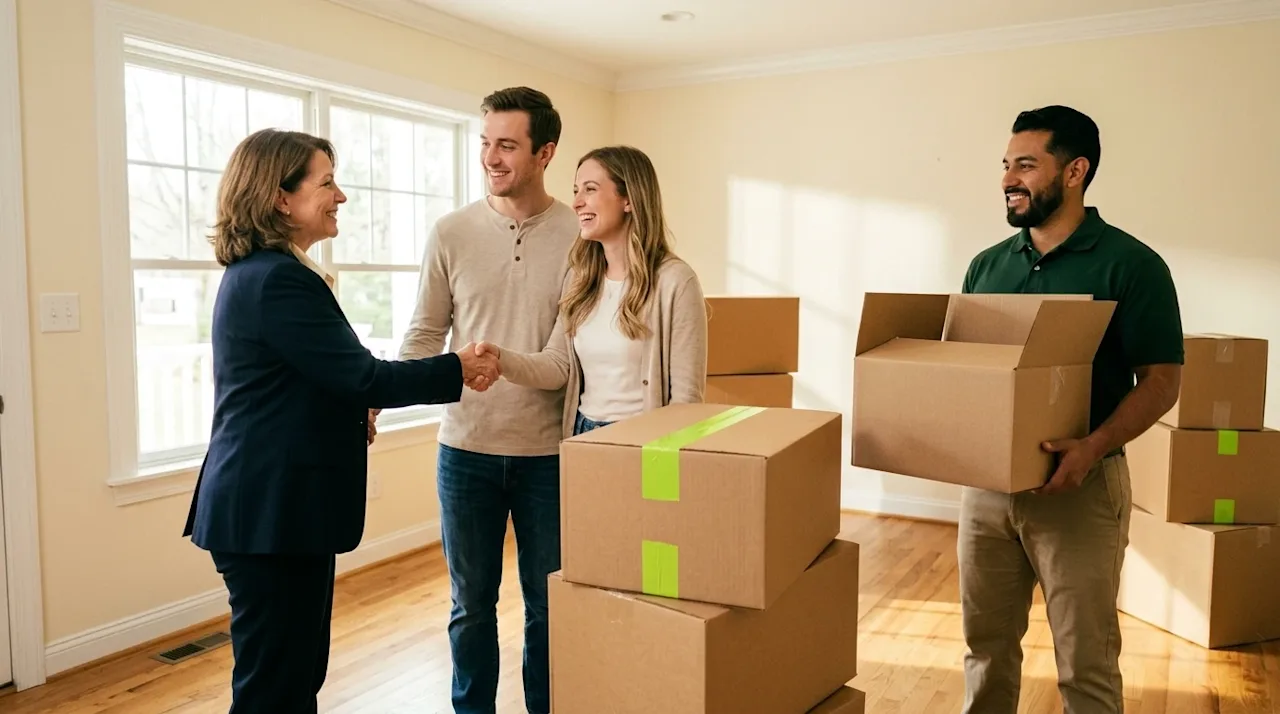 Wide shot candid lifestyle photography of a friendly, professional real estate agent shaking hands warmly with a happy young