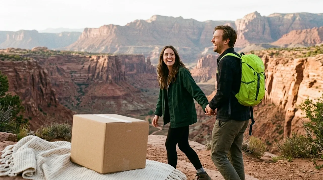 Candid outdoor lifestyle photography of a joyful couple exploring a breathtaking Utah landscape, with majestic red rock canyo