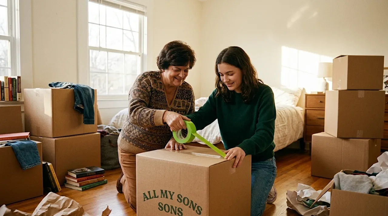 A candid, warm lifestyle photograph of a parent helping their teenager pack belongings into a moving box in a bedroom. The sc