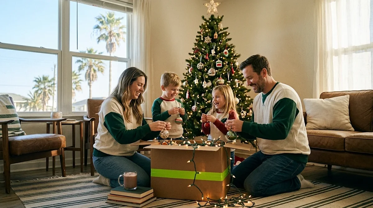 A candid, heartwarming 35mm lifestyle photograph of a family celebrating Christmas traditions in a sunny Corpus Christi coast