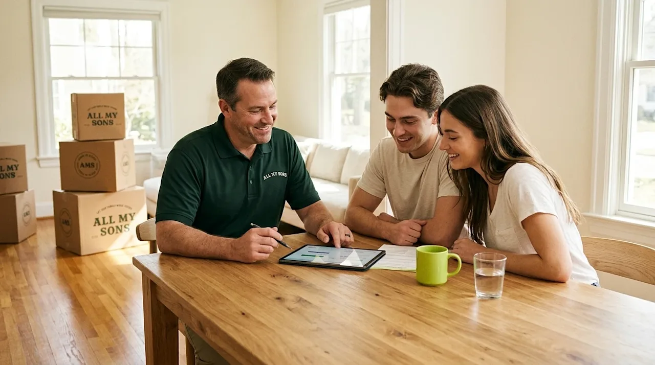 A warm, inviting lifestyle photograph of a friendly moving consultant in a dark forest green polo shirt sitting at a wooden d