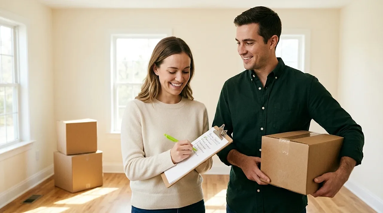 Professional marketing photography of a smiling young couple standing in a sunlit, partially packed living room on moving day