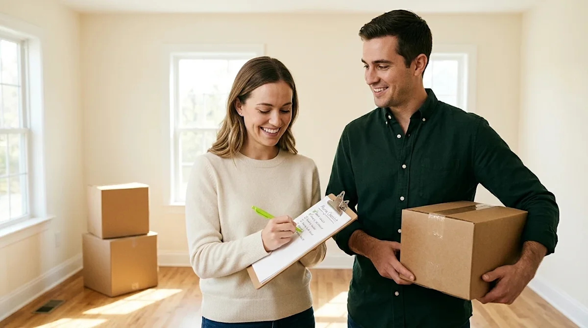 Professional marketing photography of a smiling young couple standing in a sunlit, partially packed living room on moving day