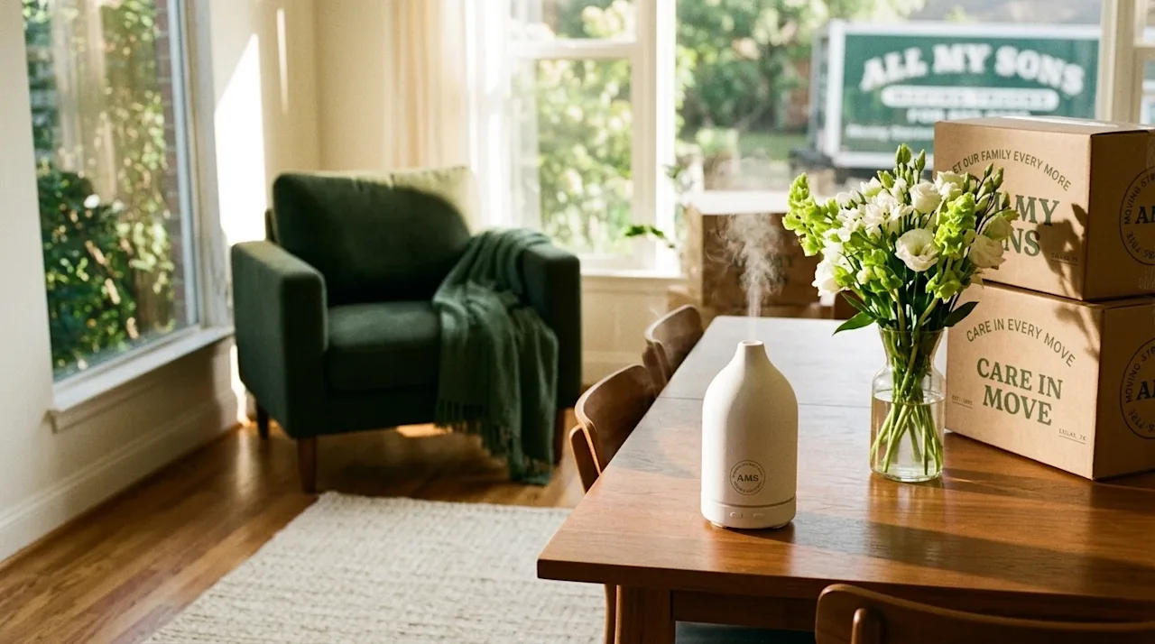 A warm, candid 35mm lifestyle photograph of a bright, newly unpacked home interior, focusing on a clean and welcoming atmosph