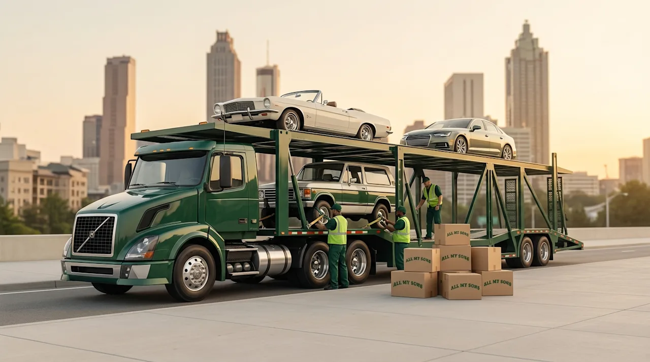 Professional green car carrier truck transporting vehicles in Atlanta with movers and packed boxes.