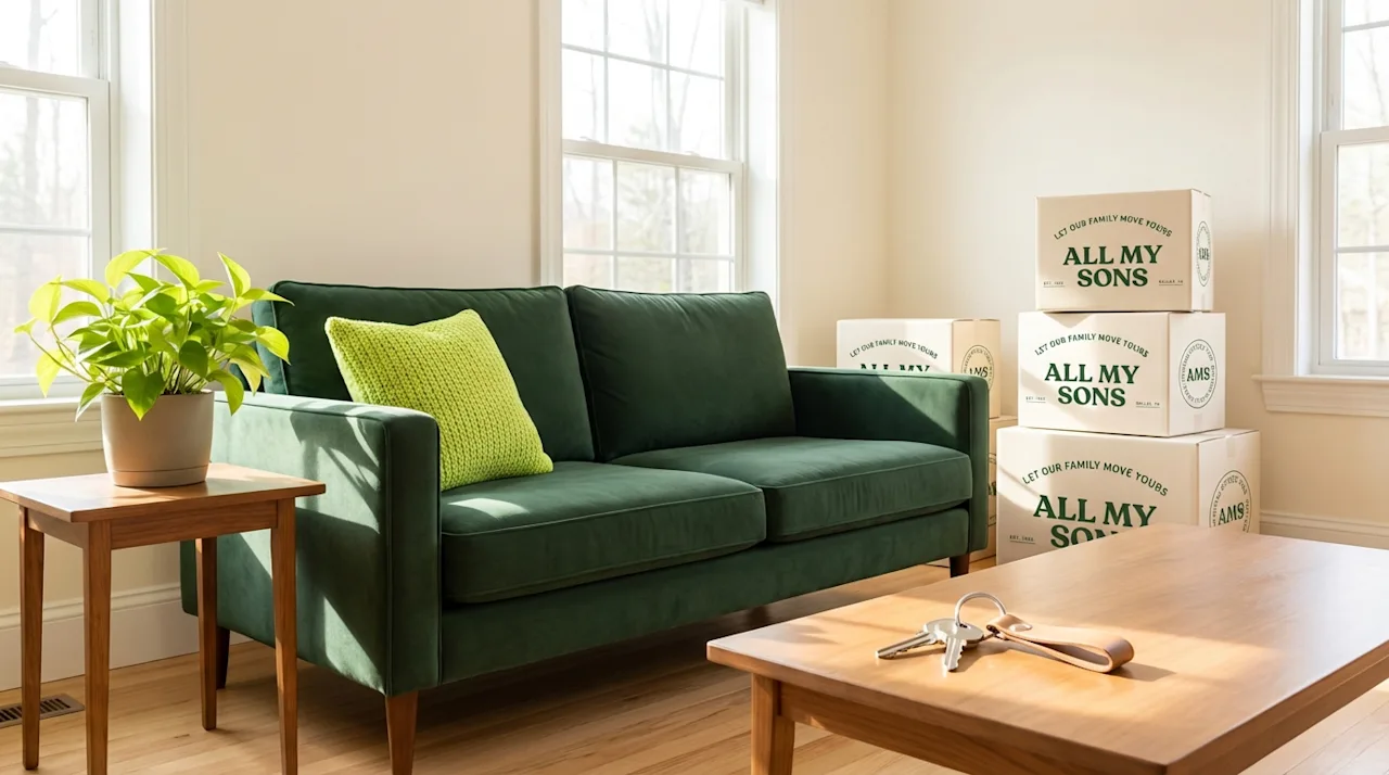 Inviting living room with dark green sofa, house keys, and All My Sons moving boxes in a new home.
