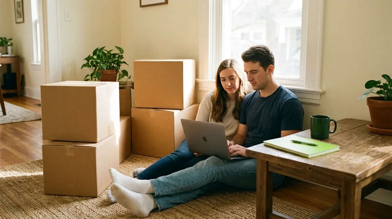 Authentic candid lifestyle photography of a couple in a sunlit living room with cream walls, sitting on a rug and researching