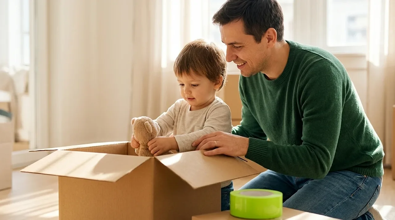 Clear, professional marketing photography of a heartwarming scene showing a young child and a parent in a sunlit home, positi