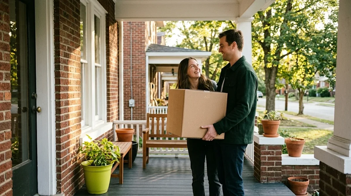 High-quality lifestyle photography. A smiling young couple standing on the welcoming front porch of a charming, traditional N