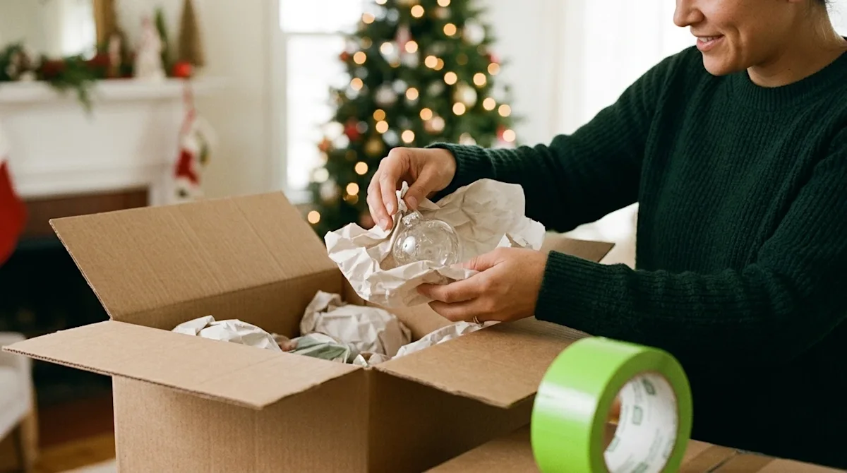Candid, warm lifestyle photography of a person carefully wrapping delicate glass Christmas ornaments in off-white packing pap
