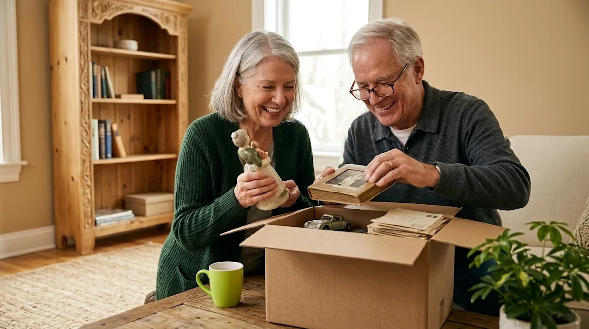 Clear and professional marketing photography of a joyful retired couple in a sunlit, comfortable living room, smiling warmly