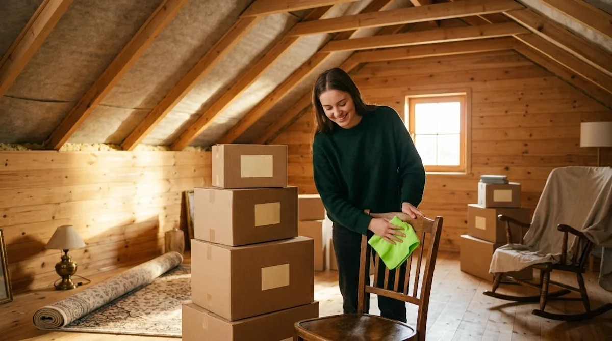 Candid lifestyle photography of a smiling young woman organizing a wood-paneled home attic during spring cleaning. She is wea