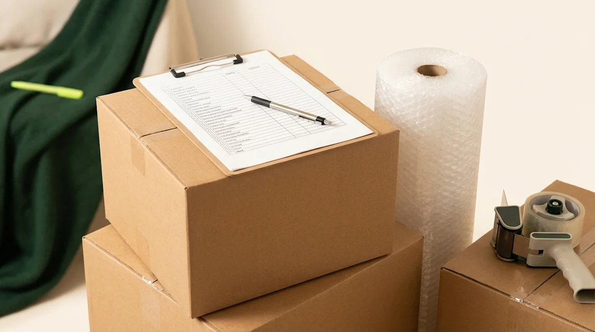 Moving checklist on clipboard atop boxes with bubble wrap and packing tape for professional moving insurance.