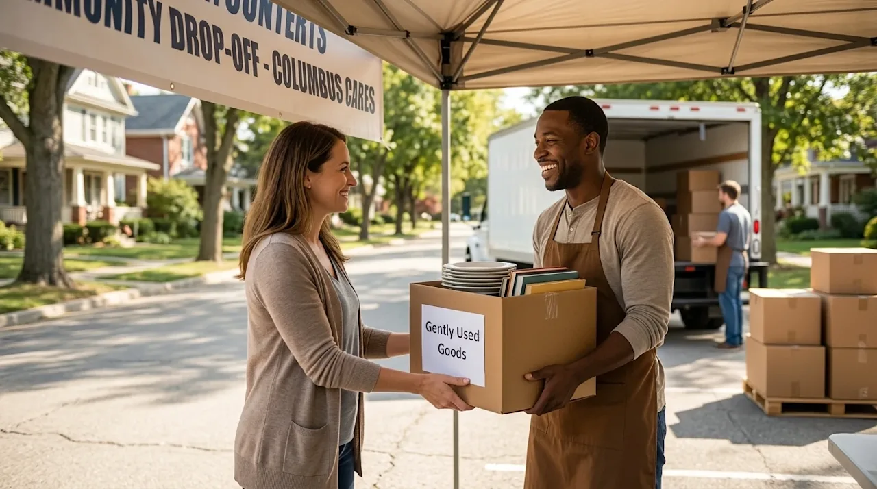 Professional high-quality photography of a sunny community donation drop-off center in Columbus, Ohio. A smiling resident is