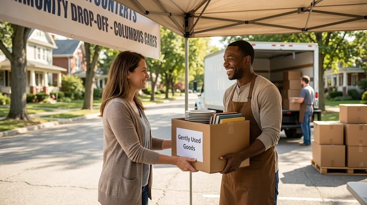 Professional high-quality photography of a sunny community donation drop-off center in Columbus, Ohio. A smiling resident is