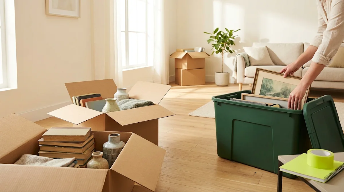 Person decluttering home décor into moving boxes and a green bin in a bright living room.