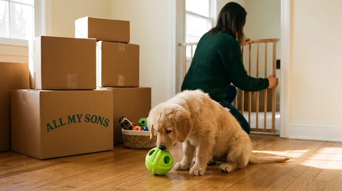 A candid, authentic 35mm film lifestyle photograph of a curious golden retriever puppy sitting on a hardwood floor in a cozy