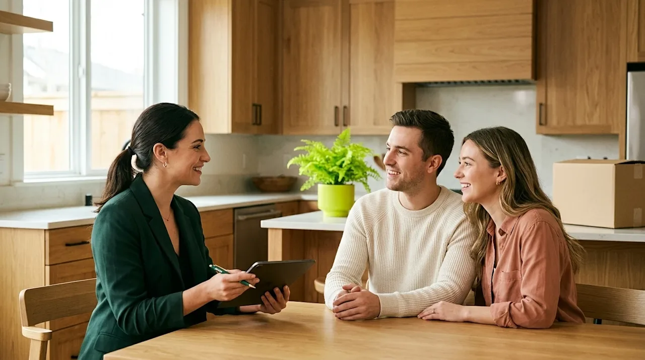 Clear, professional marketing photography of a friendly conversation between a young couple and a professional real estate ag