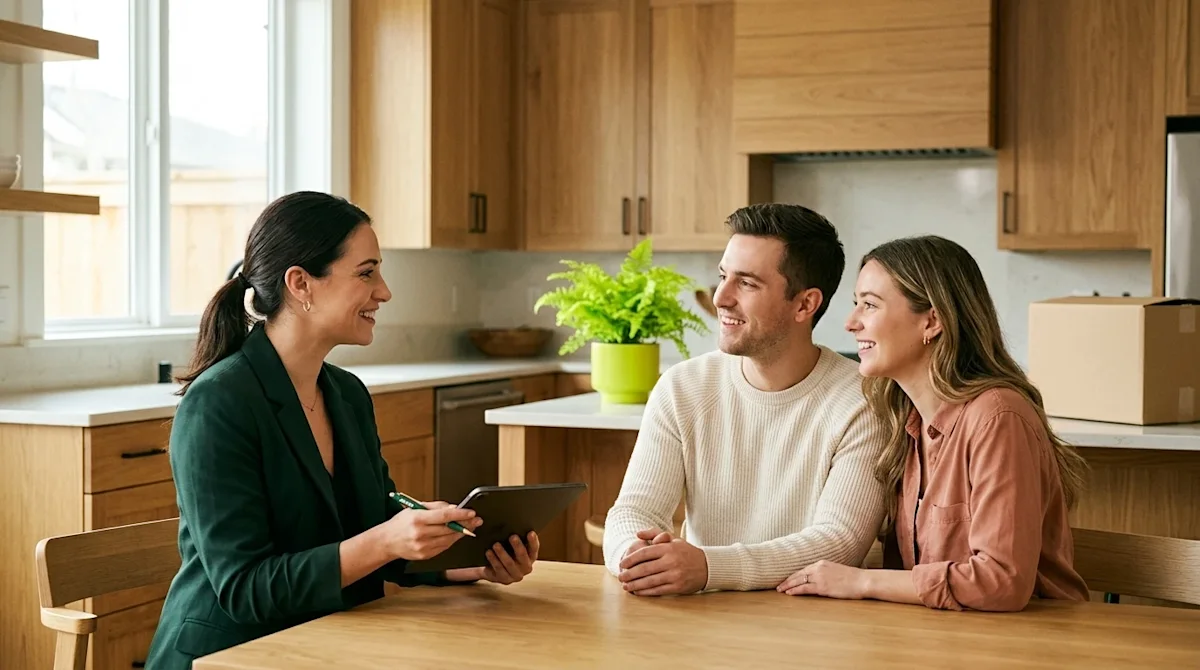 Clear, professional marketing photography of a friendly conversation between a young couple and a professional real estate ag