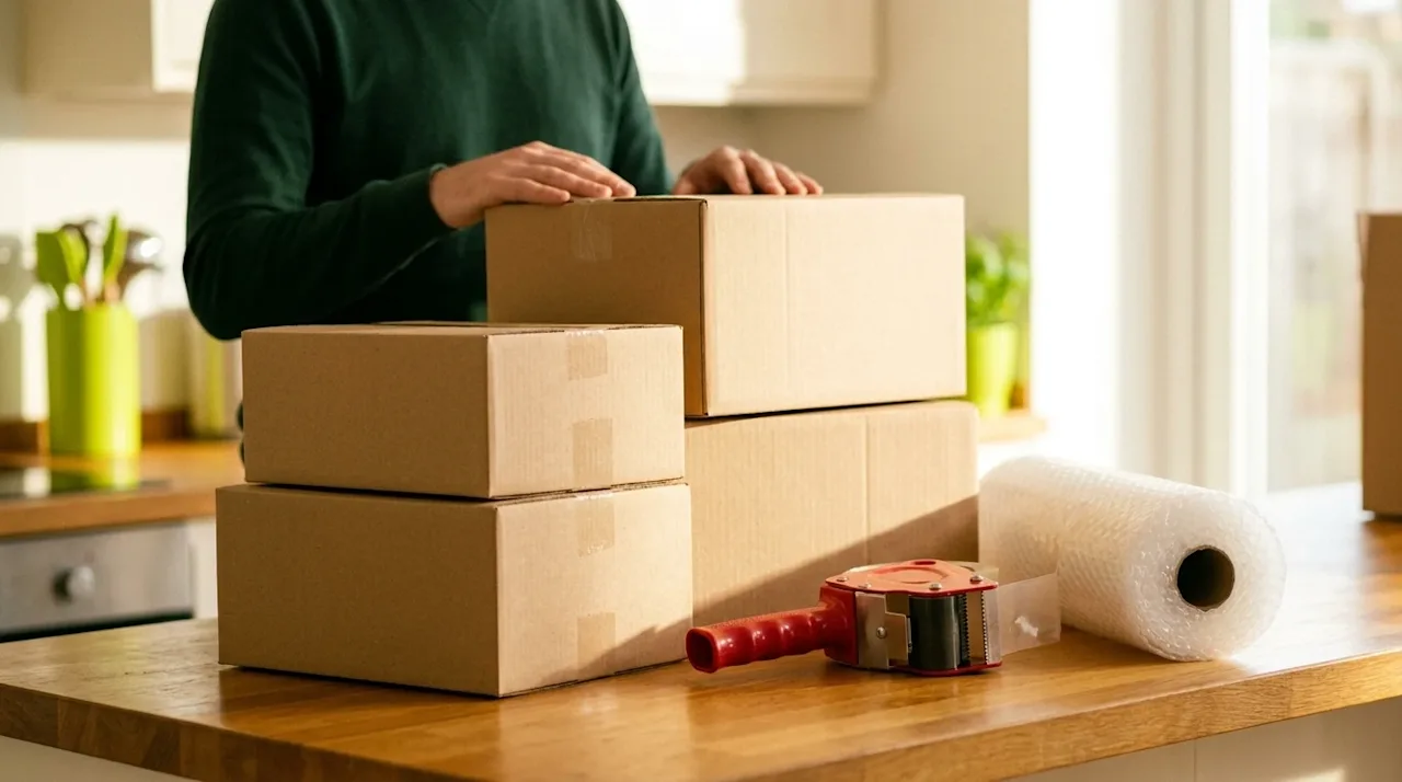 Photography, 35mm film aesthetic, candid lifestyle shot. A clear, well-lit scene focusing on a fresh set of packing supplies