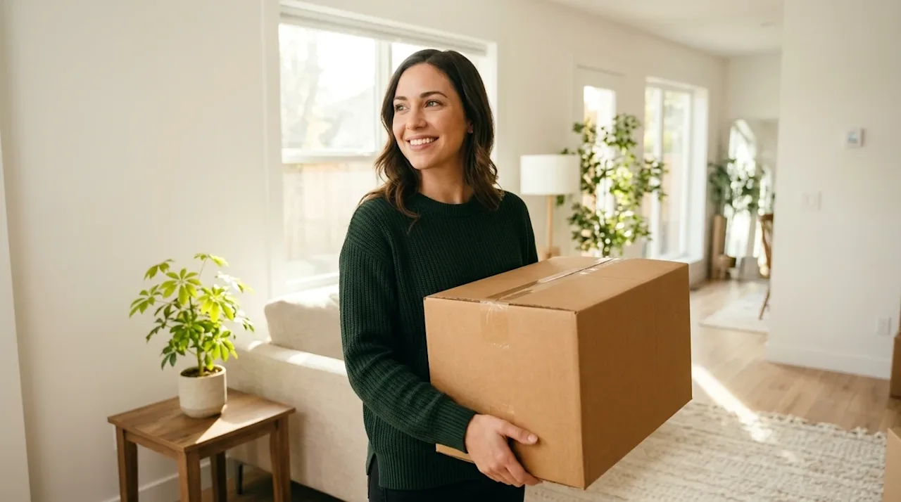 Professional marketing photography of a confident, happy single woman standing in the bright, sunlit living room of her newly