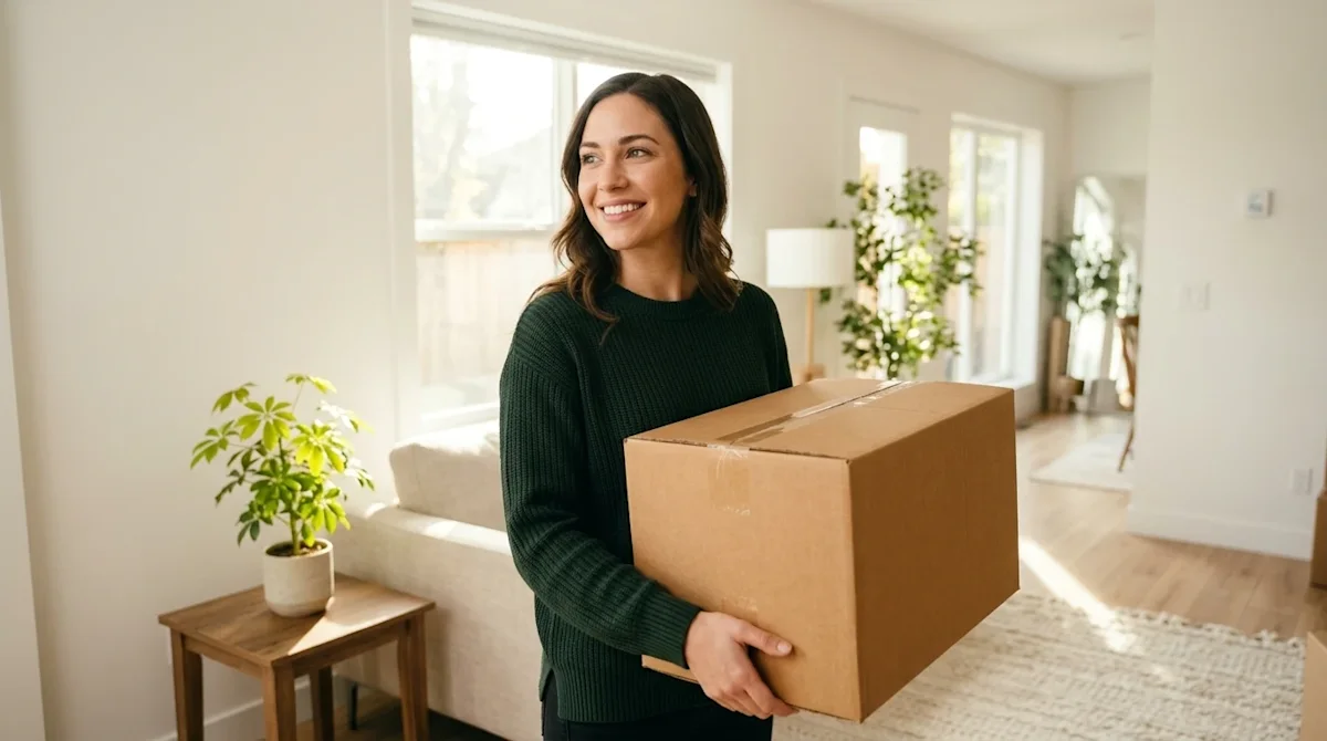 Professional marketing photography of a confident, happy single woman standing in the bright, sunlit living room of her newly