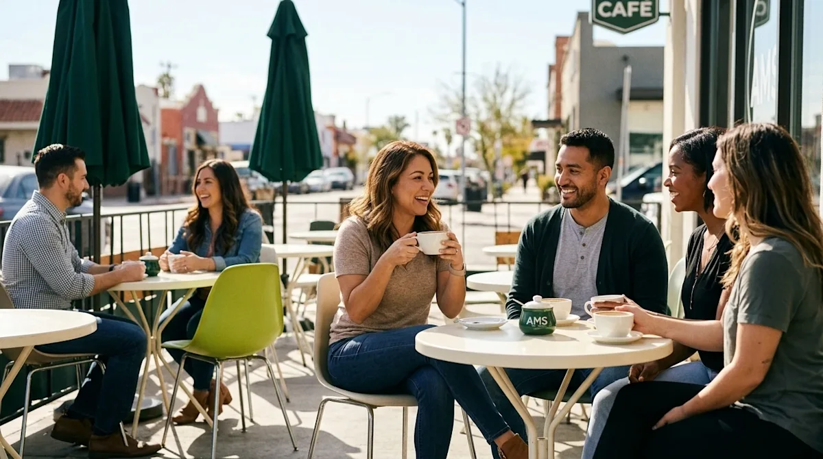 Professional marketing photography of a diverse, friendly group of adults mingling, laughing, and enjoying coffee together on