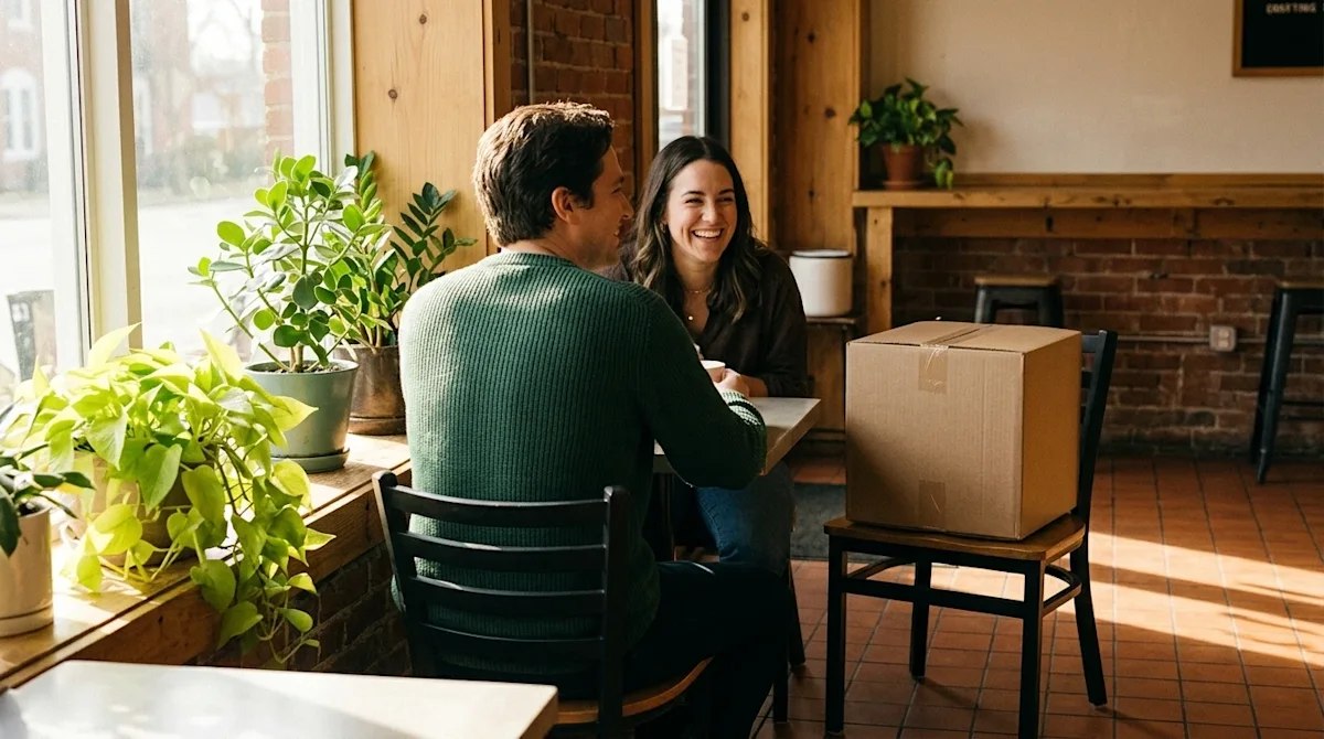 A candid lifestyle photograph of two people warmly interacting and smiling together at a cozy, sunlit neighborhood coffee sho
