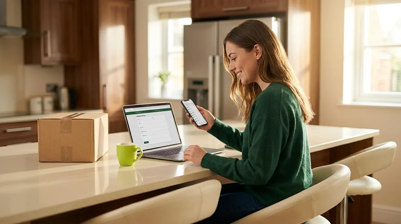 Professional marketing photography of a stress-free, happy young woman sitting at a modern cream-colored kitchen island, orga