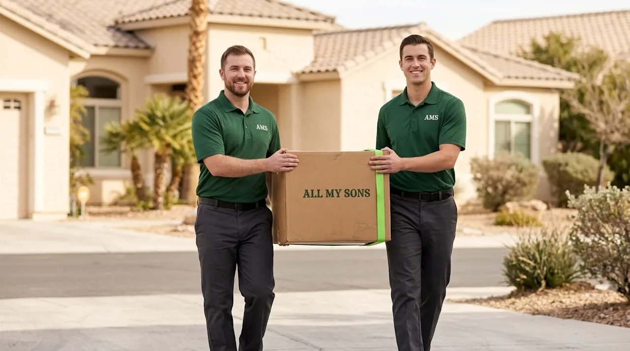 Professional marketing photography of two friendly, smiling professional movers wearing matching forest green polo shirts and