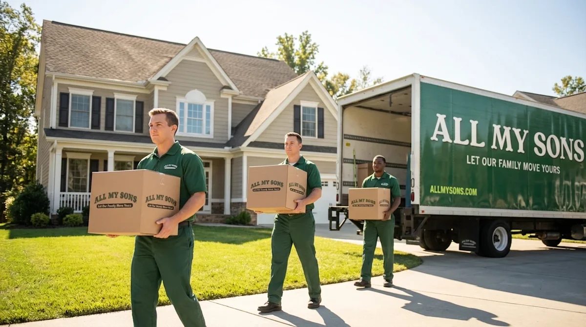 Professional photography of a team of expert movers efficiently and safely carrying sturdy, secure moving boxes from a welcom