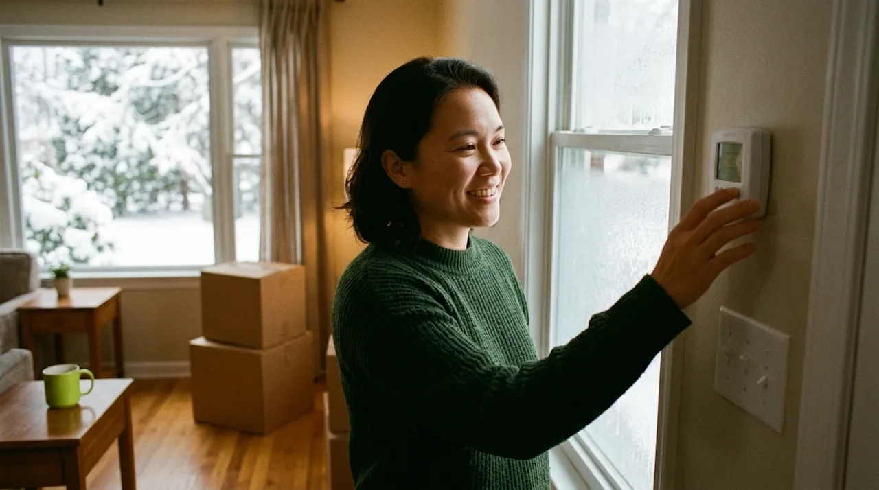 Candid lifestyle 35mm film photography of a smiling person wearing a cozy dark forest green sweater, standing inside a warmly