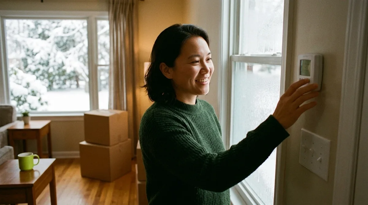 Candid lifestyle 35mm film photography of a smiling person wearing a cozy dark forest green sweater, standing inside a warmly