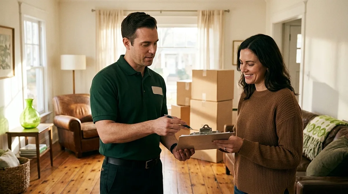 Authentic 35mm analog-style lifestyle photography of a professional mover in a crisp dark forest green polo shirt standing in