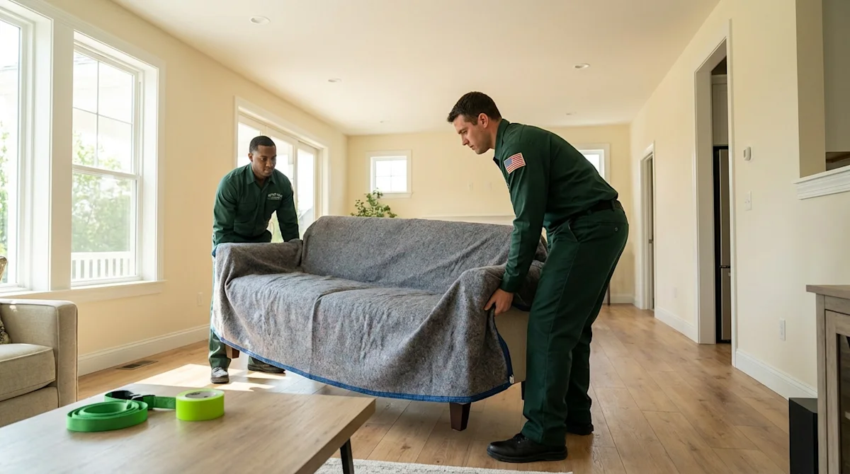 Two professional movers in forest green uniforms carefully moving a sofa in a bright modern living room.
