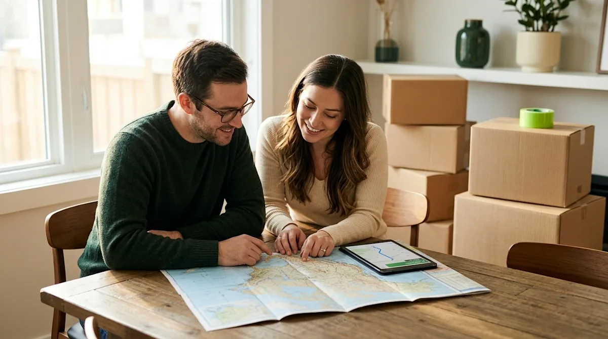 Professional marketing photography of a couple preparing for a long-distance move, sitting together at a warm wooden dining t