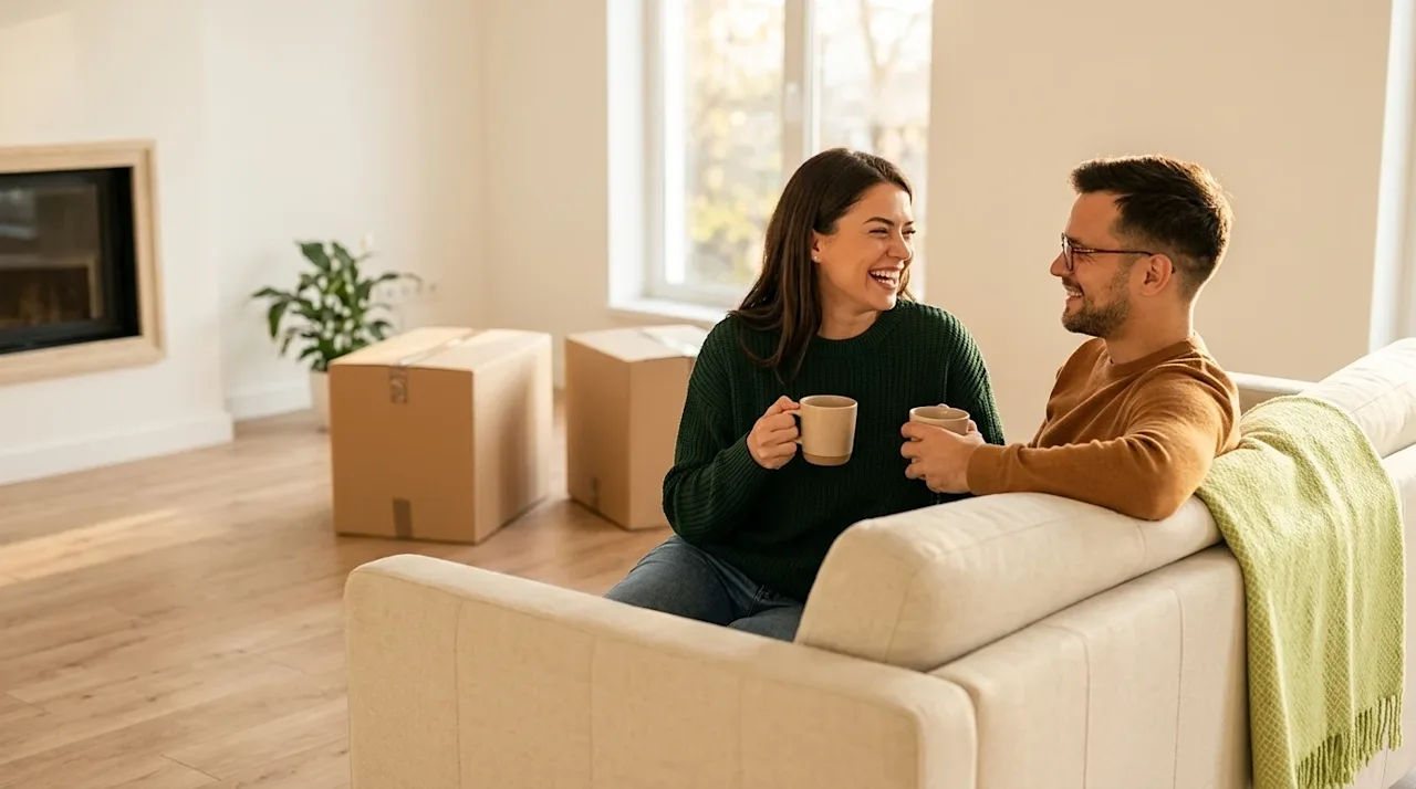 Clear and professional marketing photography of a joyful young couple taking a relaxing break during their moving day. They a