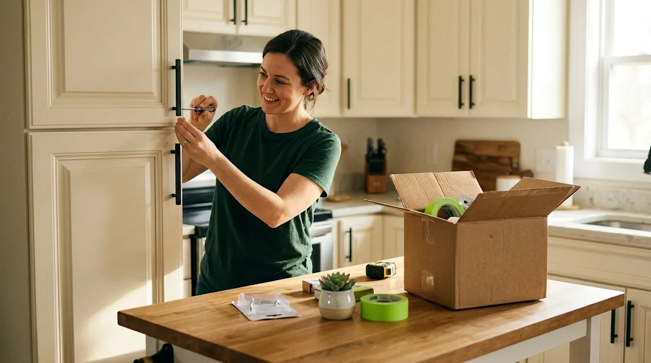 Candid lifestyle photography of a cozy kitchen undergoing a budget-friendly DIY upgrade. A cheerful homeowner, wearing a dark