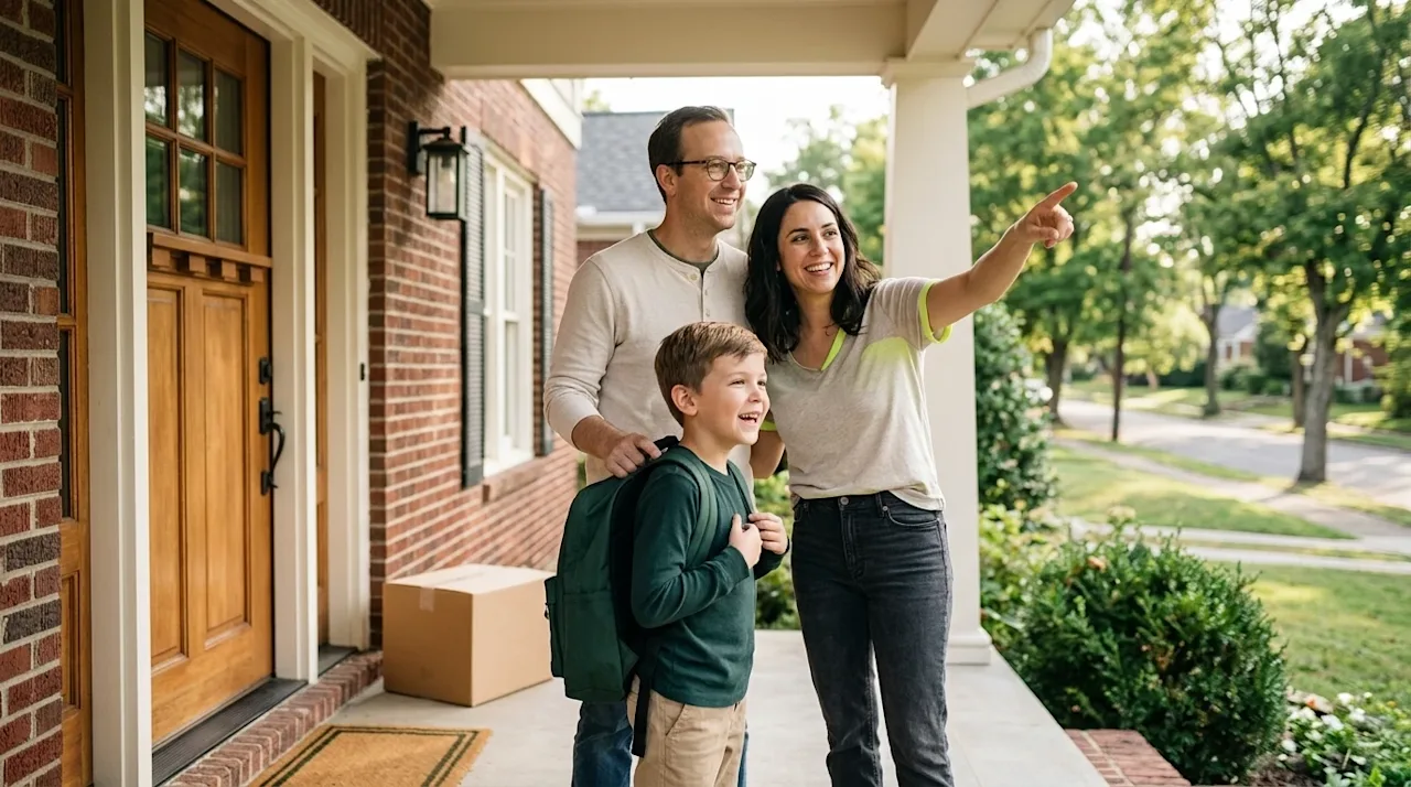 Professional lifestyle marketing photography of a cheerful family consisting of a father, mother, and elementary-aged child s