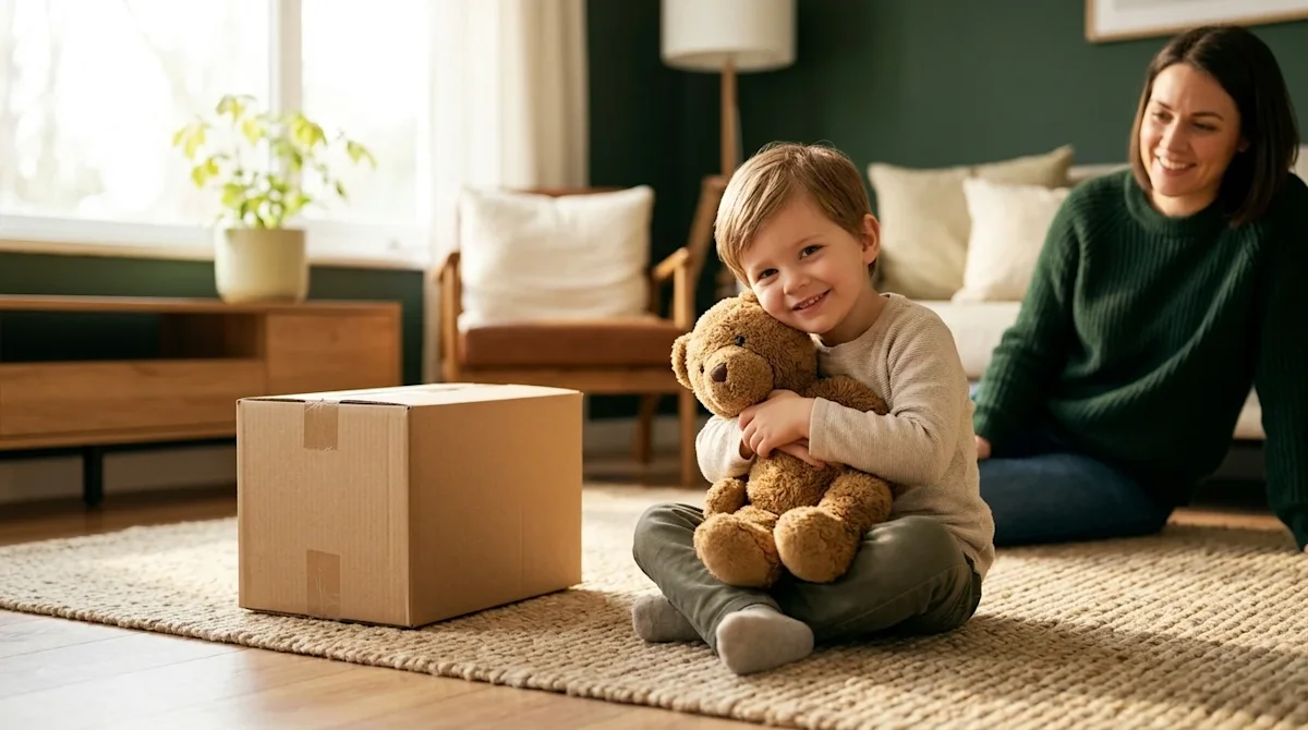 Professional marketing lifestyle photography of a happy, relaxed child showing a stress-free moving experience. A smiling you