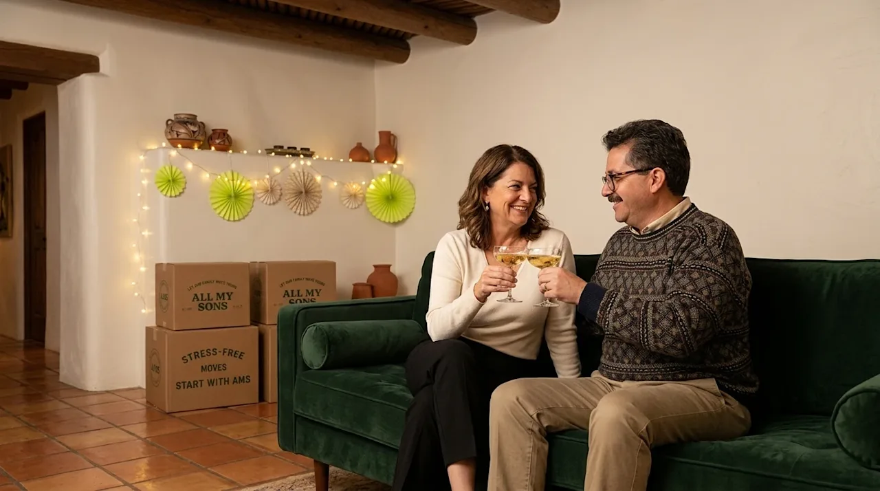 Professional photography of a cozy and safe New Years Eve celebration inside a warm New Mexico adobe style home.