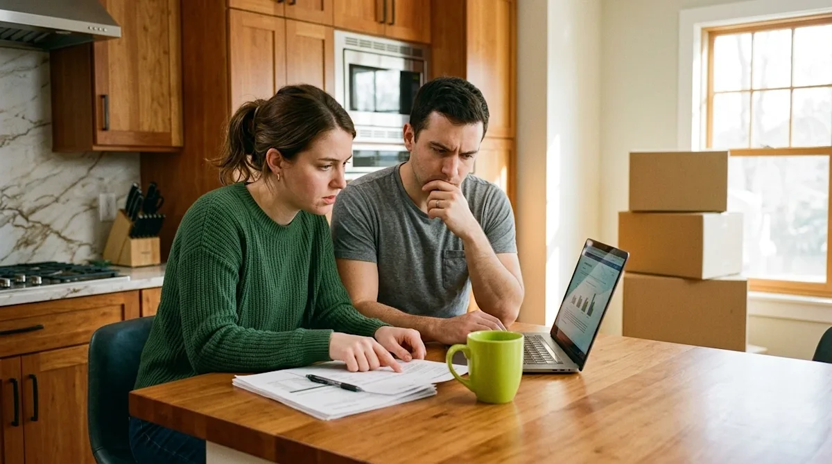 Candid 35mm film photography of a young couple sitting at a warm wooden kitchen island, thoughtfully reviewing real estate do