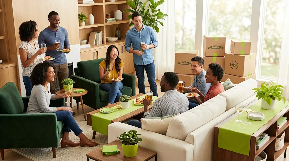 Friends celebrate a housewarming party in a modern living room with stacked moving boxes in the background.