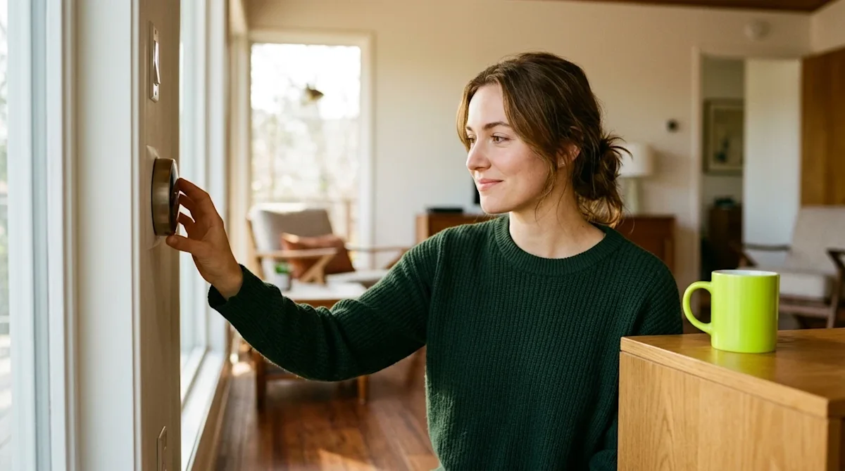 Professional marketing photography of a relatable young woman adjusting a wall-mounted smart thermostat in a cozy, sunlit mod