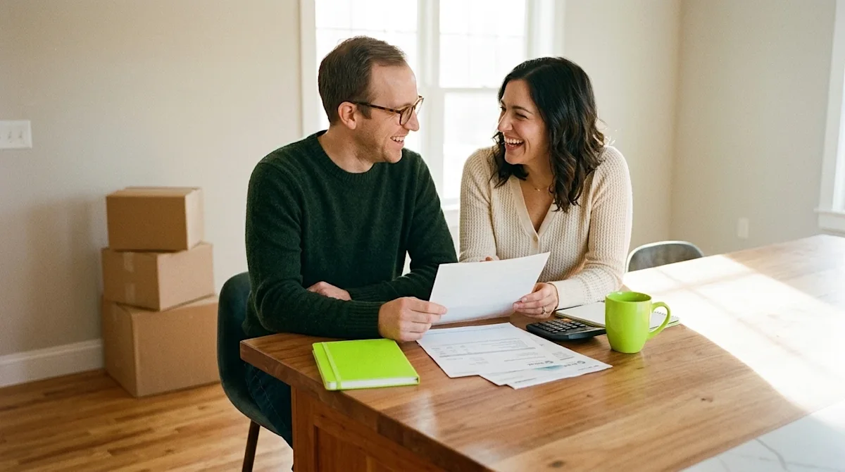 A warm, candid lifestyle photograph of a happy couple sitting at a wooden kitchen island, reviewing financial mortgage docume
